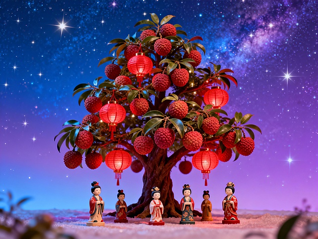梦幻星空下，3D微缩粘土风荔枝树挂满红灯笼，古装小人围树而立，中式喜庆与虚拟现实交融，营造出童话般的节日氛围。