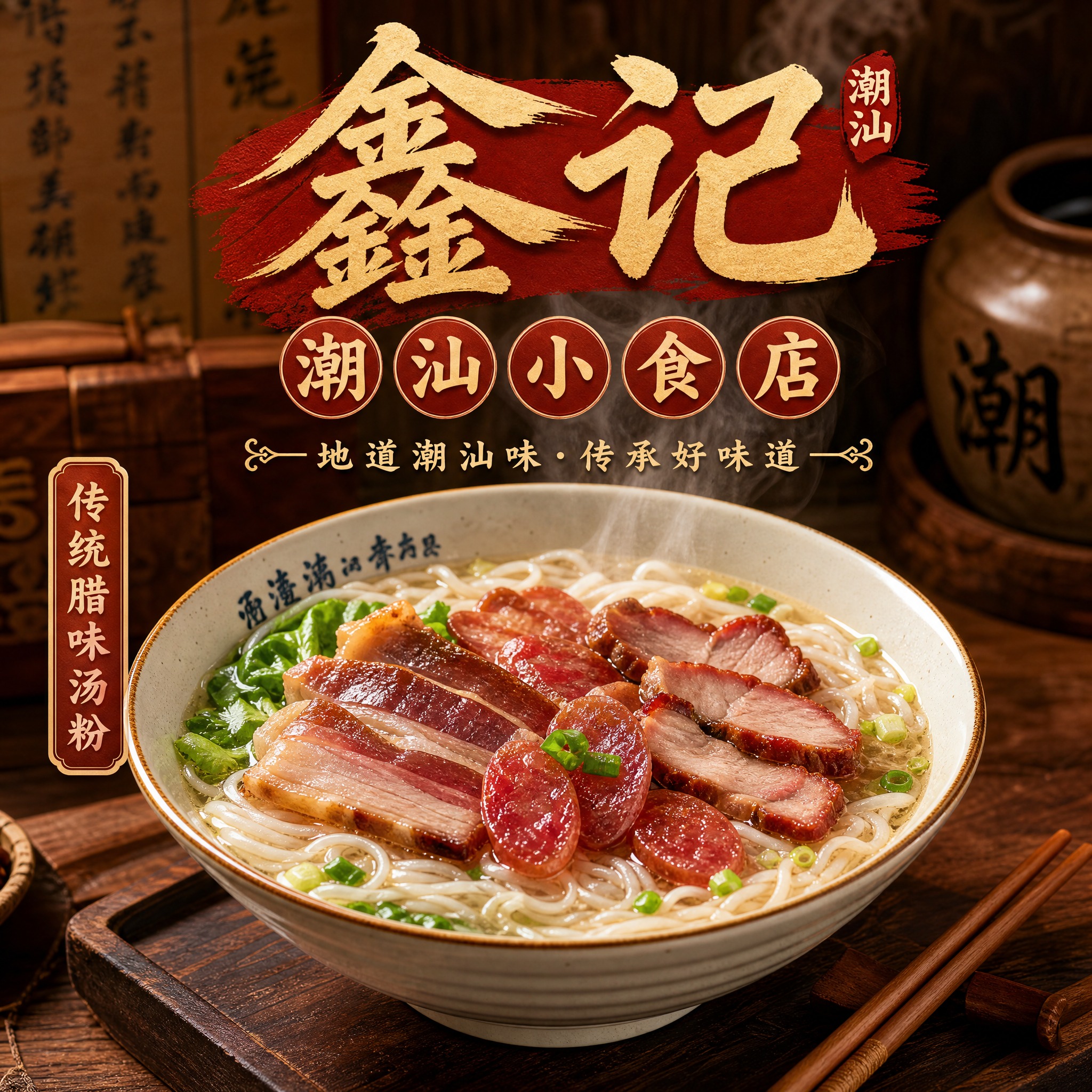 潮汕小食店头像设计，店名"鑫记潮汕小食店"，写实风格，偏向腊味… - 图片创意预览