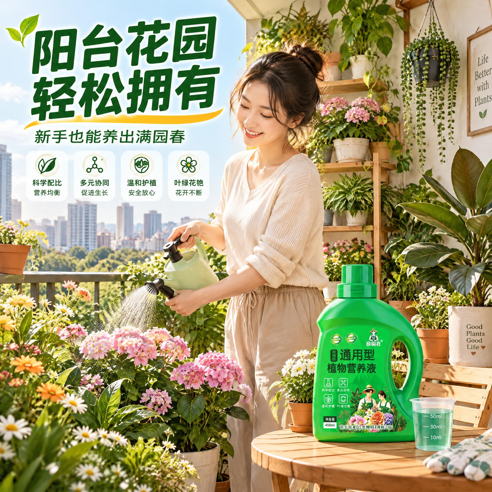 [主图-11] 欣福君通用型植物营养液 家庭园艺阳台场景图。… - 图片创意预览