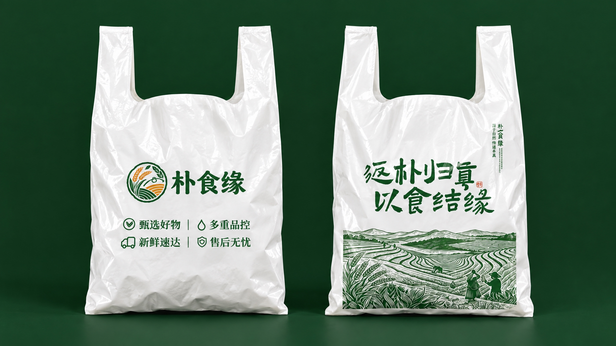 基于参考图中的白色塑料袋正反两面平面设计图，生成墨绿色纯色背景… - 图片创意预览