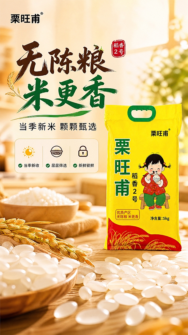 [商品] 使用【图2】栗旺甫稻香2号大米包装袋；保留所有包装文字、颜色、图案和Logo；包装袋位于画面中部偏右，占画面约40%。
[画面] 目标：品质承诺专张，突出无陈粮、当季新米、米更香。构图：左侧信息区+右侧产品；前景散落的晶莹生米粒特写（饱满透亮），中景产品包装袋，后景暖调虚化背景；用新米颗粒的透亮质感与"无陈粮"概念形成视觉呼应。≥3层层次：前景米粒、中景包装、后景暖光背景。
[视觉] 套系策略：风格=国内电商食品详情页·家常温馨商业摄影；标题字=粗黑体+书法感大字；正文字=简洁无衬线黑体；主色=暖米黄+稻穗金；背景延展=基于暖米黄做深浅层级、同色渐变和细腻纸张/木质质感；强调色=稻穗绿；标题色=深棕+稻穗绿点缀；正文色=深暖灰；组件=圆角浅底信息卡、勾选图标、细线引线；光影=柔和暖光，突出米粒通透质感。
[文字] 左上横排主标题"无陈粮 米更香"，副标题"当季新米 颗颗甄选"，下方3个品质保证点横排带勾选icon："当季新收"、"层层筛选"、"新鲜锁鲜"；文字全部横排。
[规格] 图片比例9:16竖版，4K，负向提示：避免变形、错字、文字过小、冷蓝背景、包装文字错乱、绝对化用语、医疗化承诺。