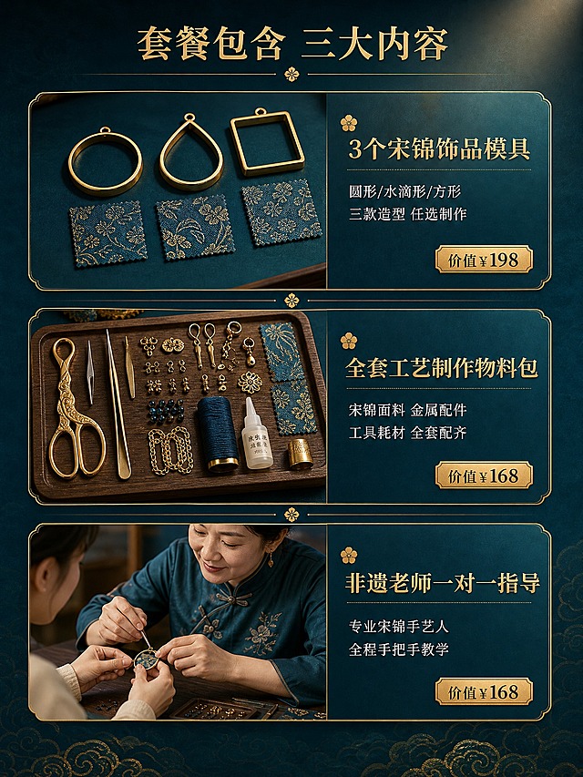 [详情页-第2张 套餐内容拆解]

[商品] 非遗宋锦首饰DIY轻体验单人套餐；展示套餐包含的三大核心内容：3个宋锦饰品模具、全套工艺制作物料包、非遗老师一对一指导。

[画面] 页面目标：清晰拆解套餐包含内容，让用户一目了然知道买到什么，感知价值。构图：三栏卡片式布局，从上到下依次排列3个内容模块，每个模块左侧是视觉图，右侧是文字说明。主体：第1栏展示3个不同形状的宋锦饰品模具（圆形、水滴形、方形），模具为金色金属材质，旁边放对应的黛青蓝宋锦面料小样；第2栏展示全套物料包平铺（剪刀、镊子、串珠、丝线、金属配件、胶水、指套等），摆放在深色木质托盘中，金色配件反光细腻；第3栏展示一位穿着中式服装的非遗女老师（亚洲中年女性，气质温婉，穿黛青色中式上衣）正在手把手指导学员做手工的手部特写。背景：黛青色渐变背景，每栏之间用细金线和宋锦小纹样分隔，底部有暗金色云纹暗纹。景别：每个模块为中景特写，突出内容细节。阅读动线：从上到下依次阅读三个套餐内容。

[视觉] 套系策略：风格=黛青雅金国风非遗高级感；标题字=雅致宋体（清刻本悦宋风格）；正文字=细黑体；主色=黛青蓝（深青偏蓝）；背景延展=基于黛青蓝做深浅层级、暗金云纹暗纹、宣纸纹理叠加；强调色=烫金色（仅用于小面积图标、引线、标签、重点文字和装饰线条）；标题色=烫金色；正文色=米白色；组件=中式暗金花纹边框、金线引线、梅花形金图标、印章式金标签；光影=右上方暖金柔光，金属配件有金色高光，每个模块卡片有轻微金色描边和投影，整体高级典雅。

[文字] 页面顶部居中放板块标题「套餐包含 三大内容」，烫金色，下方一条细金线。每个模块左侧图，右侧文字：第1栏标题「3个宋锦饰品模具」，烫金色，正文「圆形/水滴形/方形 三款造型 任选制作」，米白色，右侧标注「价值¥198」，烫金色小标签；第2栏标题「全套工艺制作物料包」，烫金色，正文「宋锦面料 金属配件 工具耗材 全套配齐」，米白色，右侧标注「价值¥168」，烫金色小标签；第3栏标题「非遗老师一对一指导」，烫金色，正文「专业宋锦手艺人 全程手把手教学」，米白色，右侧标注「价值¥168」，烫金色小标签。每个价值标注用金色小标签样式。所有文字横排，清晰可读。

[规格] 图片比例3:4竖版，4K，避免变形、错字、文字过小、现代感过强、塑料感、廉价感、人物面部扭曲、手指畸形、背景杂乱、水印、平台Logo、颜色发灰发脏。