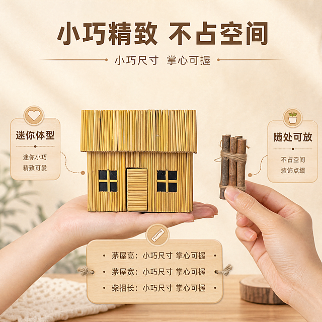 [商品] 使用【图2】迷你矛屋配小捆柴装饰摆件；保留矛屋与柴捆的结构、颜色、材质；保留手部持握产品的比例参照，手部为亚洲女性纤细手型，自然肤色；修复背景杂乱，不改变产品结构与比例。
[画面] 页面目标：尺寸参照展示，通过手持对比让用户直观感知「迷你小巧」的尺寸特点，配合尺寸标注。构图：中央主体展示，一只手托着矛屋，另一只手捏着小捆柴，形成大小对比；产品占画面50%，左右留白放尺寸标注与文字；背景为浅米色渐变。景别：中近景。产品角度：正面。
[视觉] 套系策略：风格=温馨治愈森系家居商业摄影；标题字=阿里巴巴普惠体粗体；正文字=阿里巴巴普惠体常规体；主色=暖木棕（浅原木色）；背景延展=基于暖木棕做深浅层级、同色渐变和细腻木纹/纸张/麻布质感；强调色=奶咖色，仅用于小面积图标、引线和标签；标题色=深棕褐；正文色=中暖棕；组件=圆角浅木色信息卡、细麻绳引线、圆点装饰；光影=正上方均匀暖柔光，清晰展示产品尺寸比例，阴影柔和。
[文字] 顶部主标题「小巧精致 不占空间」，下方用细线引出尺寸标注：矛屋高约XXcm、宽约XXcm、柴捆长约XXcm（用「小巧尺寸 掌心可握」替代具体数值避免虚构）；左右两侧各1个卖点：迷你体型、随处可放；文字横排，不遮挡产品与手部。
[规格] 图片比例1:1正方形，4K分辨率，负向提示：避免变形、错字、文字过小、冷蓝/冷灰背景、产品颜色改变、结构失真、极限词、环保/天然/原生态字样、淘宝Logo及平台标识、小标致图案、欧美面孔、虚构精确尺寸数值。