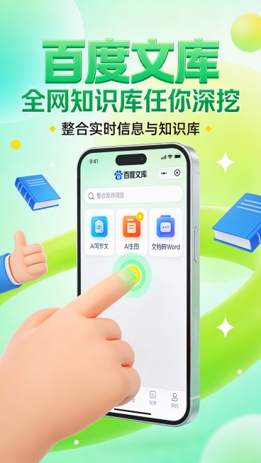 这是一张竖版手机应用推广广告图，采用清新活力的扁平化插画风格。主色调为薄荷绿与亮绿色渐变背景，搭配白色、黄色点缀，营造轻松高效的科技感。画面中心是一部被指尖轻触屏幕的智能手机，屏幕清晰展示“百度文库”预览效果
