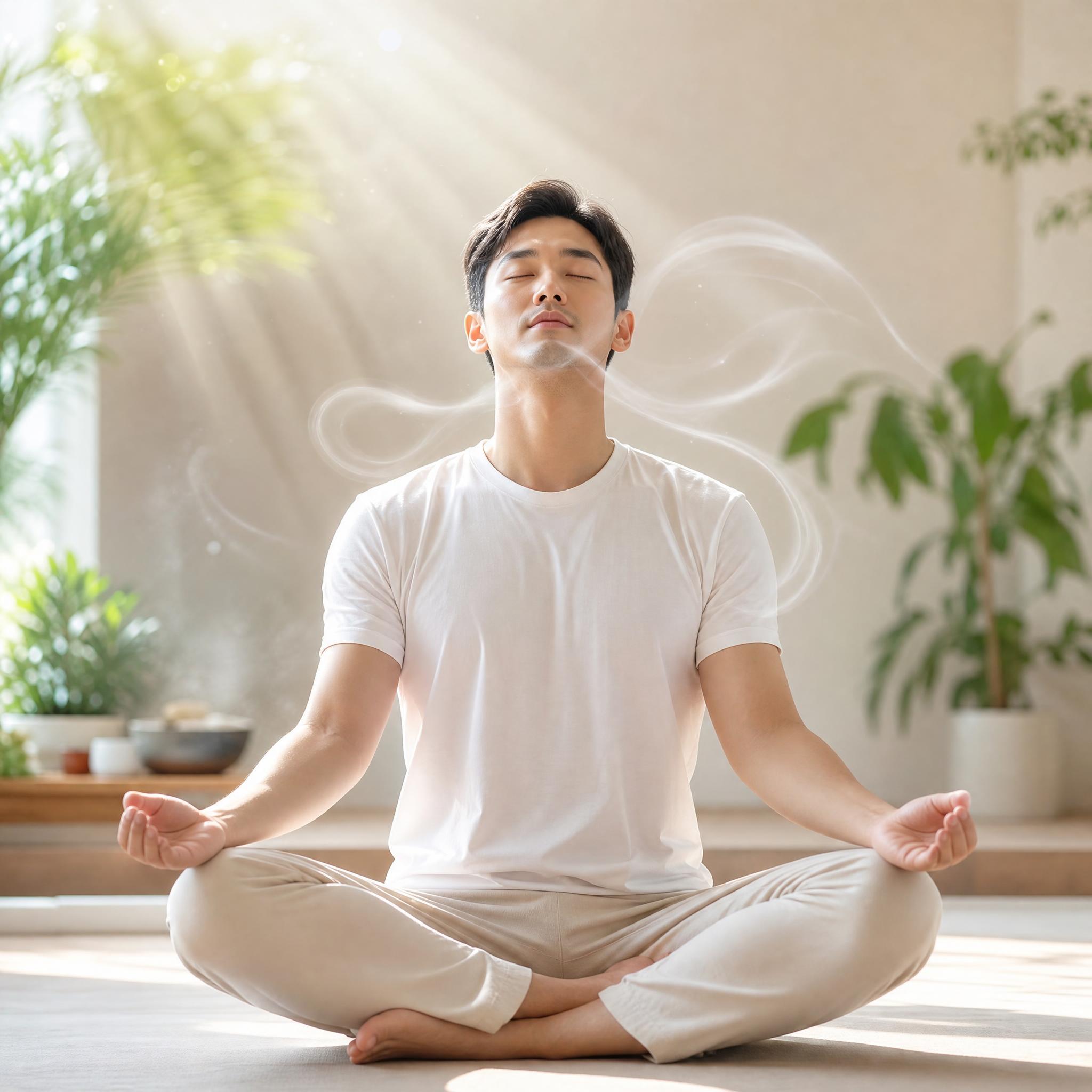 一位成年人正在进行呼吸训练，盘腿坐在宁静的室内空间，双眼微闭，… - 图片创意预览