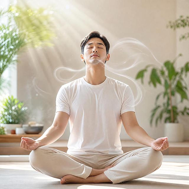 一位成年人正在进行呼吸训练，盘腿坐在宁静的室内空间，双眼微闭，双手放在膝盖上做深呼吸姿势，周围有柔和的自然光线，空气中有淡淡的光晕和呼吸气流可视化效果，背景简洁干净，有绿植点缀，整体氛围平静祥和，健康养生风格，高清写实摄影