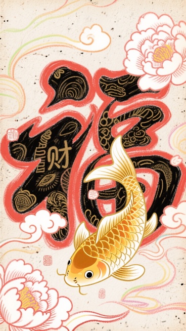 国潮风格，一条威严且风格化的金色锦鲤在祥云和牡丹图案中游动。一个巨大的、风格化的汉字“福”或“财”位于中心，内部填充有复杂的图案。配色：朱红、金、墨黑和象牙白。动态构图，背景有复古纸张纹理。预览效果