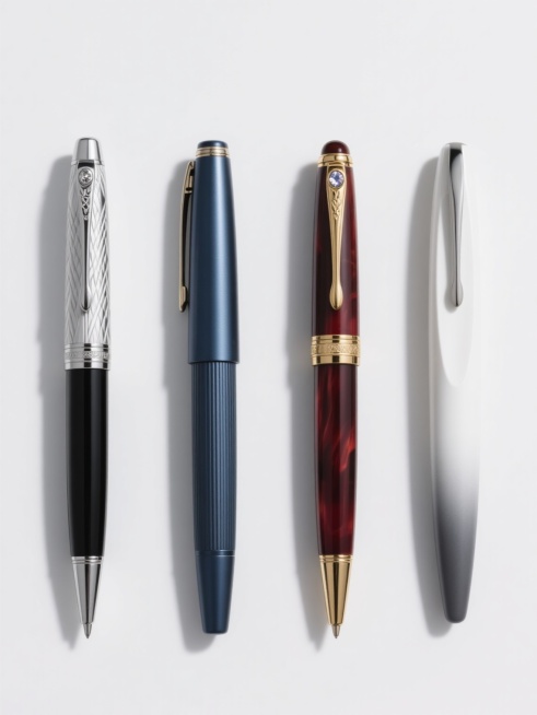 白色背景下，四支不同样式、不同风格、不同配色的钢笔以整齐的横向或纵向排列方式呈现。每支钢笔都具有高清晰的商业产品摄影质感，展现出金属、树脂等材质的细腻光泽与纹理细节。第一支钢笔为经典银黑色搭配，笔帽有精致的雕刻纹路和金属笔夹，笔身线条流畅；第二支采用深蓝色哑光金属材质，设计简约现代，笔身带有细微的拉丝工艺；第三支为复古风格的酒红色树脂笔身，搭配金色金属装饰件，笔帽顶端有圆形宝石点缀；第四支则是……预览效果
