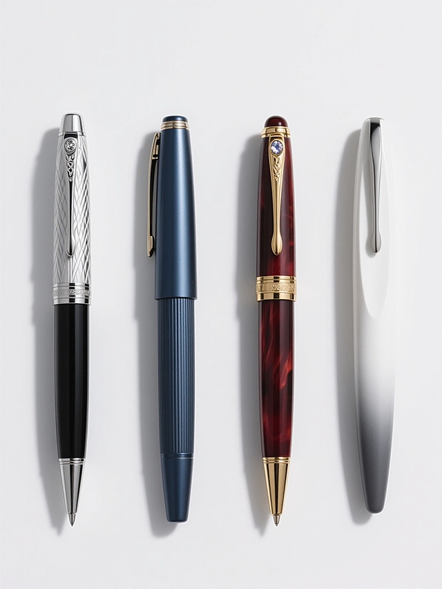 白色背景下，四支不同样式、不同风格、不同配色的钢笔以整齐的横向或纵向排列方式呈现。每支钢笔都具有高清晰的商业产品摄影质感，展现出金属、树脂等材质的细腻光泽与纹理细节。第一支钢笔为经典银黑色搭配，笔帽有精致的雕刻纹路和金属笔夹，笔身线条流畅；第二支采用深蓝色哑光金属材质，设计简约现代，笔身带有细微的拉丝工艺；第三支为复古风格的酒红色树脂笔身，搭配金色金属装饰件，笔帽顶端有圆形宝石点缀；第四支则是时尚的白色与灰色渐变设计，笔身修长，具有流线型的未来感外观。整体画面光线均匀柔和，呈现出明亮、干净的氛围，突出钢笔的高端品质与设计美感，无任何文字、LOGO及多余元素干扰。