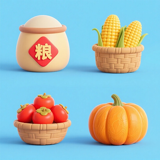 4个中秋素材组合，可爱电商促销感。素材包括：第一个粮仓（贴着带有 “粮” 字的红色菱形福字）；第二个一筐玉米；第三个一筐柿子；第四个南瓜。画面整体呈现鲜艳效果，淡蓝色背景。上下两行，排列整齐