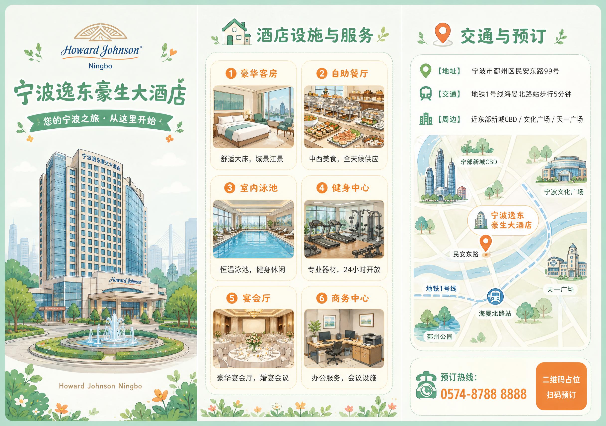 参考图同款清新手绘插画风格，宁波逸东豪生大酒店三折页背面（内三… - 图片创意预览