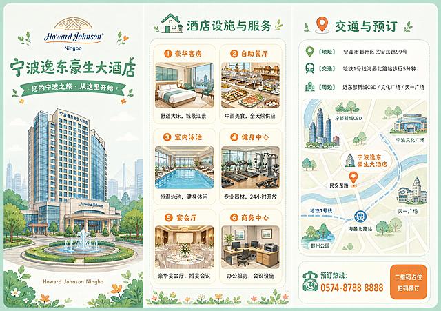 参考图同款清新手绘插画风格，宁波逸东豪生大酒店三折页背面（内三折），A3横版展开尺寸比例1.41:1，分为左中右三个等宽折页区域，用浅白色竖线隐约分隔三折，四周留3mm安全边距。整体浅薄荷绿底色，马卡龙配色，扁平插画风，与正面风格统一。【左折页-酒店封面】：顶部酒店Logo位置（装饰性图标占位），中间大标题"宁波逸东豪生大酒店"，副标题"您的宁波之旅，从这里开始"；下方大幅酒店建筑手绘插画：现代豪华高层酒店，玻璃幕墙，门前有绿化和喷泉；底部小字"Howard Johnson Ningbo"。【中折页-设施服务】：顶部标题"酒店设施与服务"，配小房子图标；分6个小卡片展示，每项配手绘小图标：1.豪华客房（舒适大床，城景江景）2.自助餐厅（中西美食，全天候供应）3.室内泳池（恒温泳池，健身休闲）4.健身中心（专业器材，24小时开放）5.宴会厅（豪华宴会厅，婚宴会议）6.商务中心（办公服务，会议设施）。【右折页-交通预订】：顶部标题"交通与预订"，配定位图标；上方信息：【地址】宁波市鄞州区民安东路99号【交通】地铁1号线海晏北路站步行5分钟【周边】近东部新城CBD / 文化广场 / 天一广场；中间手绘简易区位小地图，标注酒店位置和周边地标；底部预订栏：左侧"预订热线：0574-8788 8888"，右侧橙色圆角方块，中央标注"二维码占位"文字（扫码预订）。整体三折页风格统一，信息丰富，版式精美，印刷级清晰度，适合A3输出。画面中所有信息区域必须填充完整合理的内容，不得出现空白框。画面中所有二维码区域使用纯色方块占位符呈现，方块中央标注"二维码占位"文字，严禁生成任何可识别的二维码图案。