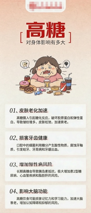 将海报的分点内容替换为高糖对身体的危害相关内容，保持原有的插画风格、浅橙渐变背景和分点排版布局，标题为“高糖对身体影响有多大”预览效果