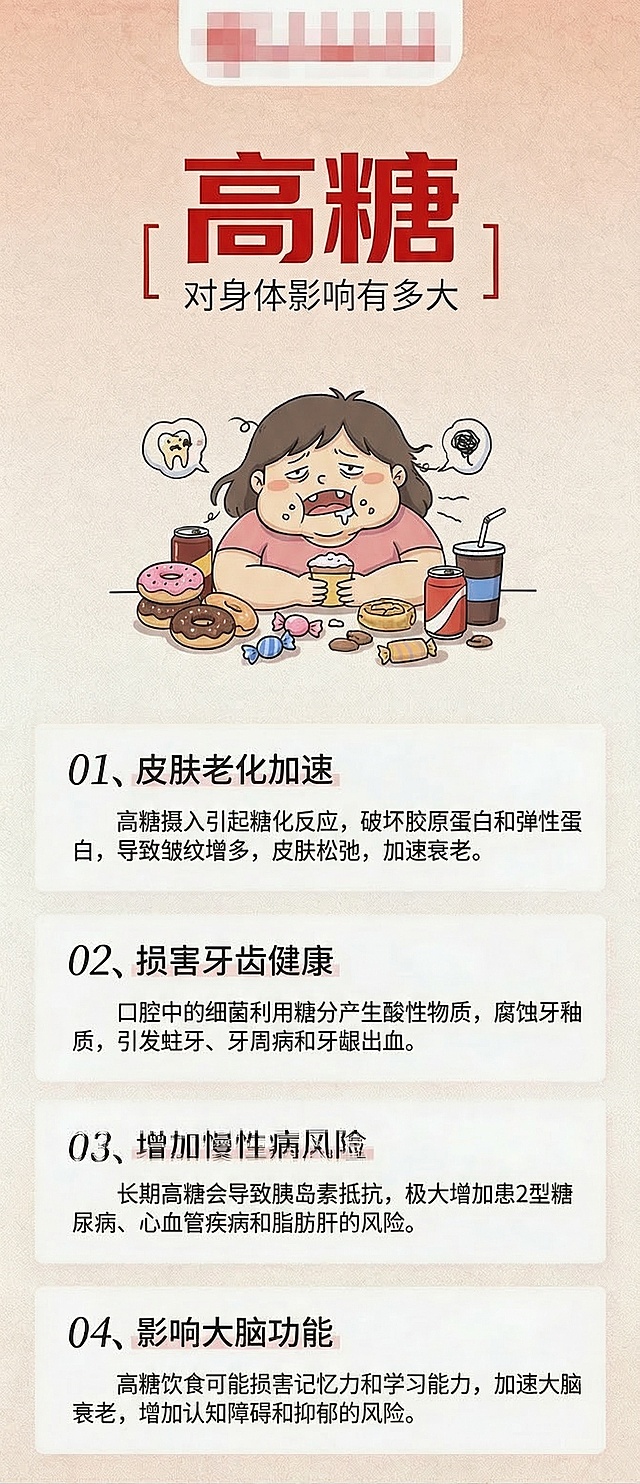 将海报的分点内容替换为高糖对身体的危害相关内容，保持原有的插画风格、浅橙渐变背景和分点排版布局，标题为“高糖对身体影响有多大”