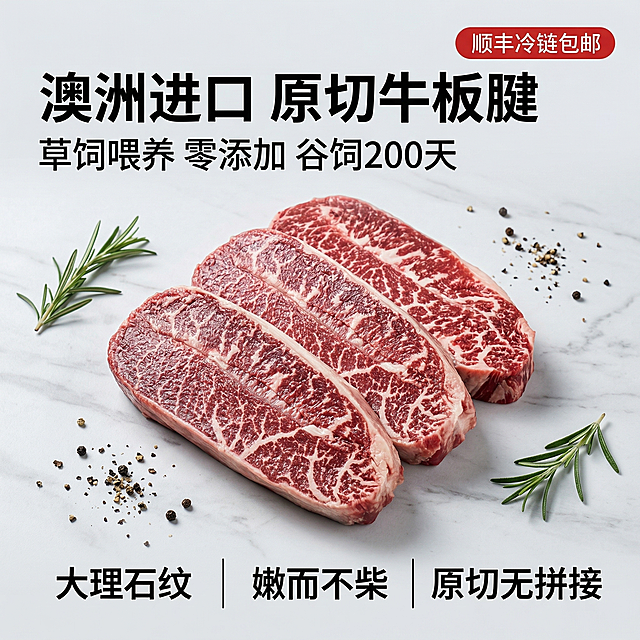[垫图]输入图
[主图主题] 原切草饲牛板腱产品展示首图
[氛围/风格] 高级生鲜风，冷调自然光，干净质感
[画面元素] 3块完整牛板腱居中排列，脂肪纹理清晰鲜亮，放置在浅灰色大理石台面上，背景为纯净浅灰色渐变，四周散落少量新鲜迷迭香、黑胡椒粒点缀，冷白色柔光从上方45度打光，肉质呈现自然红润光泽，背景铺满全屏无边框
[配色色系] 主色调：牛肉红、脂肪白；辅助色：浅灰、迷迭香绿
[视角构图] 正俯视45度角，主体占比65%，浅景深突出肉质纹理
[文字版式] 主标题“澳洲进口 原切牛板腱”，副标题“草饲喂养 零添加 谷饲200天”，右上角红色胶囊标签“顺丰冷链包邮”，底部三列卖点“大理石纹 | 嫩而不柴 | 原切无拼接”，字体为无衬线粗体，白色文字，悬浮在画面负空间，无遮挡产品主体
[比例分辨率] 1:1比例，2K分辨率