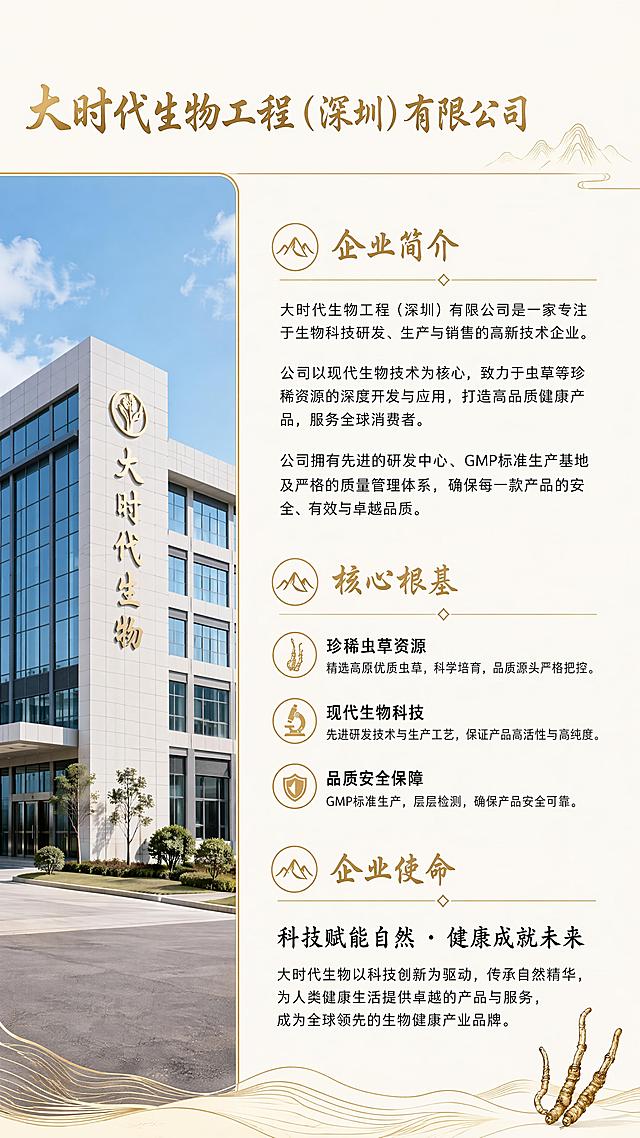 [第2屏] 品牌开篇页，大时代生物企业介绍，三根虫草朗姆酒品牌展示。
[氛围/风格] 简约商务国风，干净清晰，浅米白底色搭配细金色线条，高级质感
[元素布局] 左侧企业厂房外景实拍，右侧文字区块，浅米白底色，细金色分割线划分区域，布局工整清晰，文字内容完整清晰
[光影质感] 整体均匀柔光照明，阴影柔和，文字清晰可辨
[配色色系] 全局底色#F5F5F0，主色浅米白，辅助色细金色分割线，黑色正文
[视角构图] 左右分栏，左图右文，左3右7比例，阅读动线从左到右，从上到下
[文字版式] 左侧图片上方品牌标题：大时代生物工程（深圳）有限公司，右侧依次排版企业简介、核心根基、企业使命，字体保持书法风格金色标题、黑色正文，层级清晰，不遮挡图片主体
[比例分辨率] 9:16竖版比例，高度900px，4K分辨率，文字清晰可辨，高清画质
[负向提示词] 变形，水印，文字错乱，文字过小，缺件错件，结构错误，颜色偏差，背景杂乱