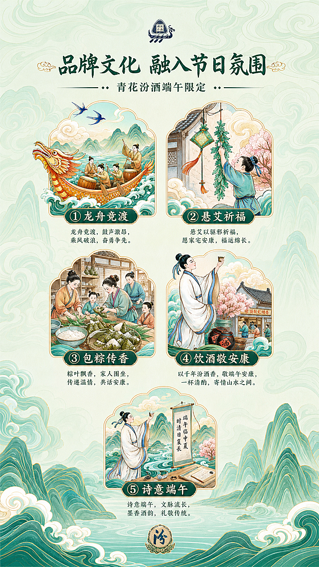 再次重新生成，保持首屏青花汾酒端午限定的国潮手绘插画风格，调整五个文化元素排版，每个元素插画和文案对齐更整齐，背景淡绿色祥云纹理更自然，配色和首屏保持完全一致，保证所有文案清晰可辨，比例9:16，8k超清