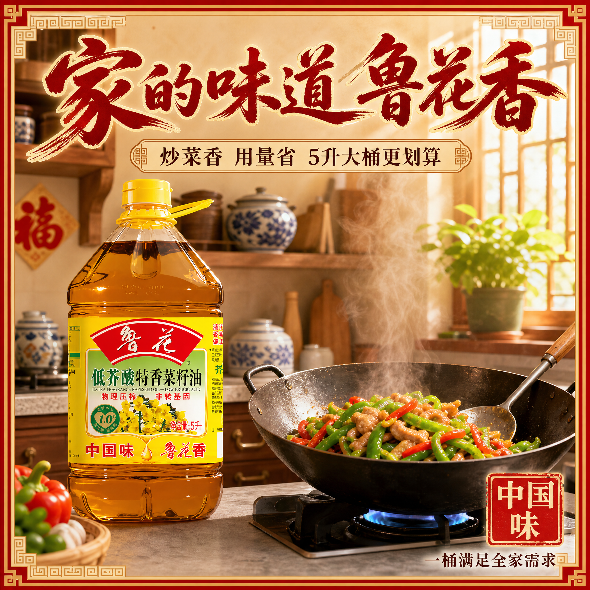 [主图-4] 鲁花低芥酸特香菜籽油5L 家庭厨房烹饪场景 传统… - 图片创意预览