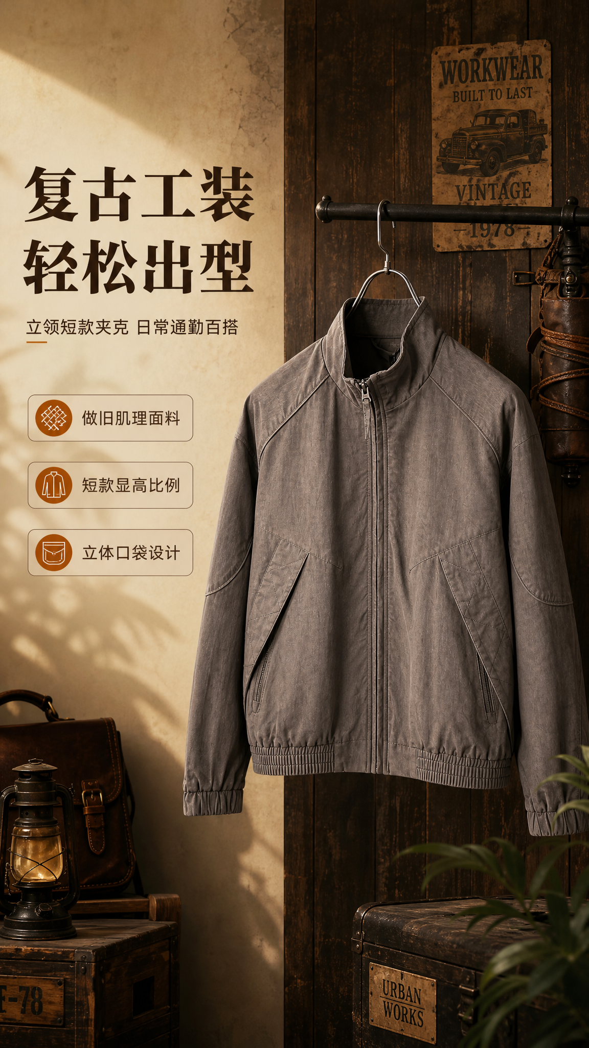 [商品] 使用【图1】棕褐色复古立领短款工装夹克；商品处理：保… - 图片创意预览