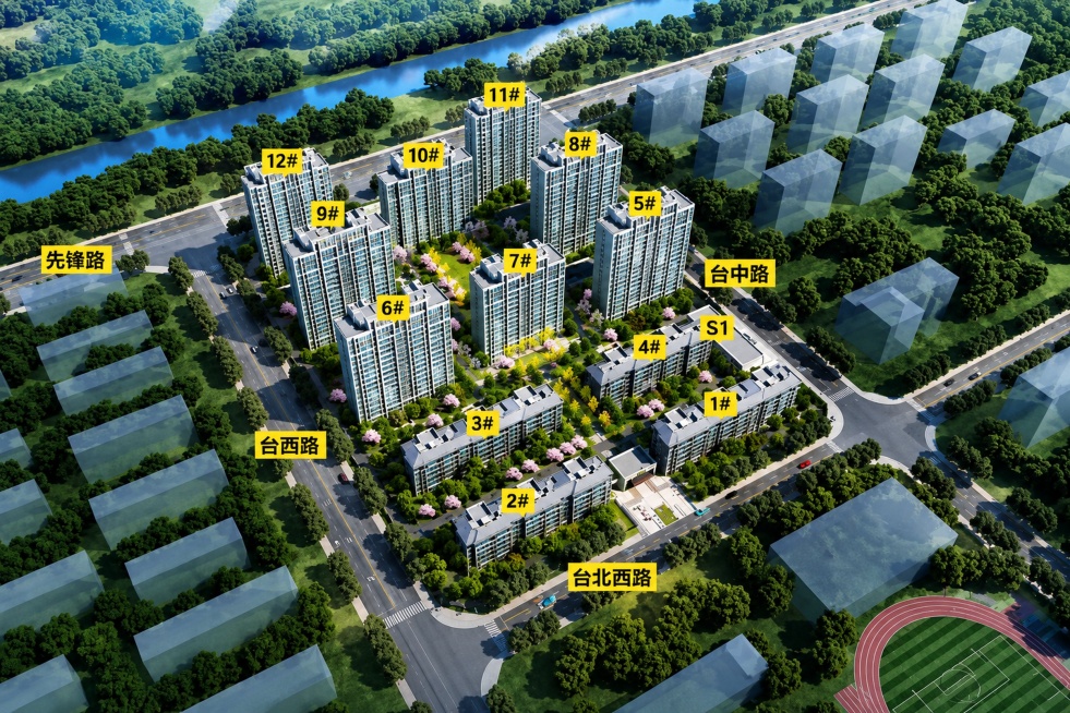 调整小区鸟瞰效果图，提升图片清晰度，保持所有楼号和路名文字清晰可辨，调整为3:2比例，高清效果预览效果