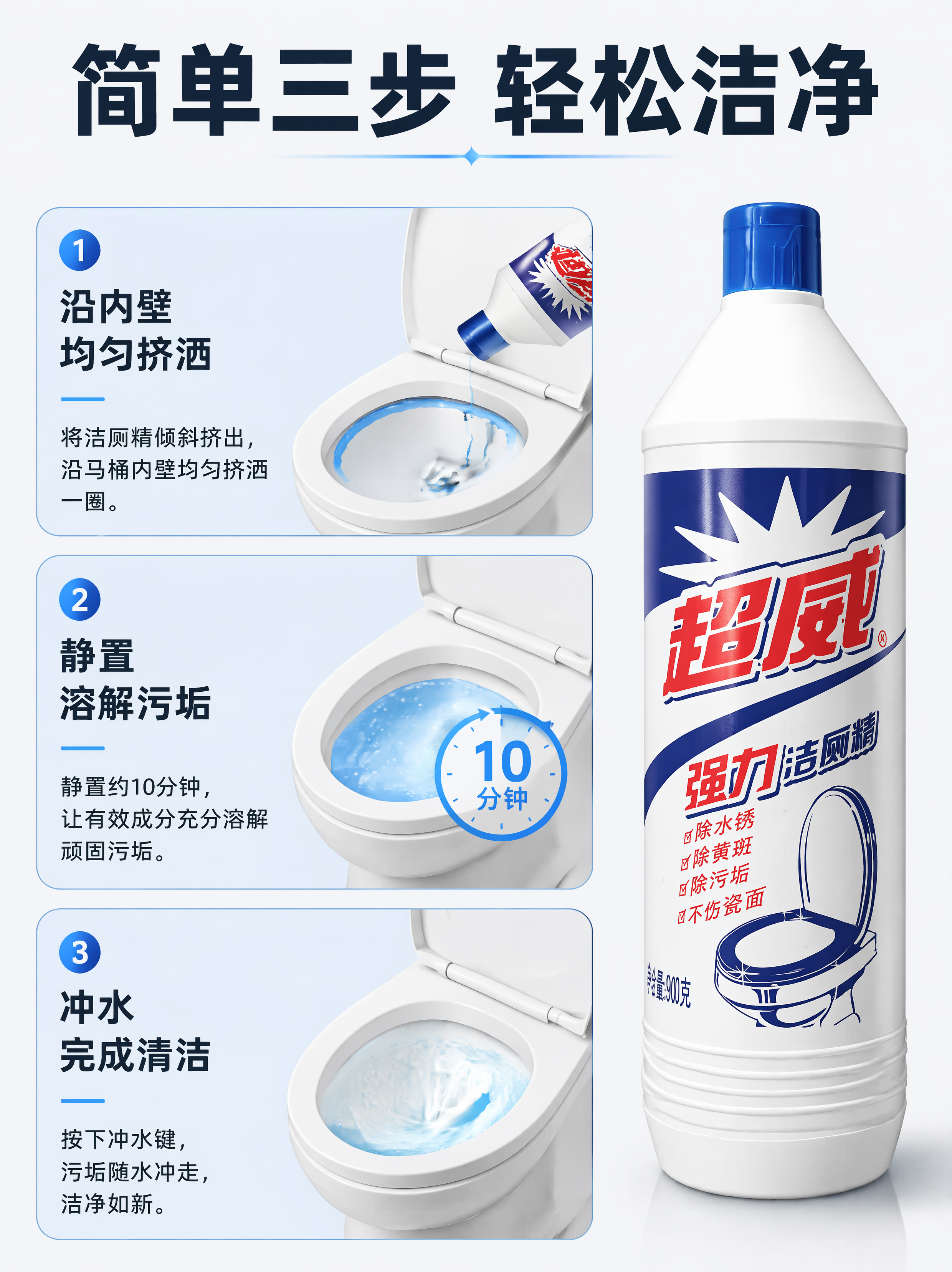[第4屏] 使用步骤演示屏，超威强力洁厕精正确使用方法。本屏使… - 图片创意预览