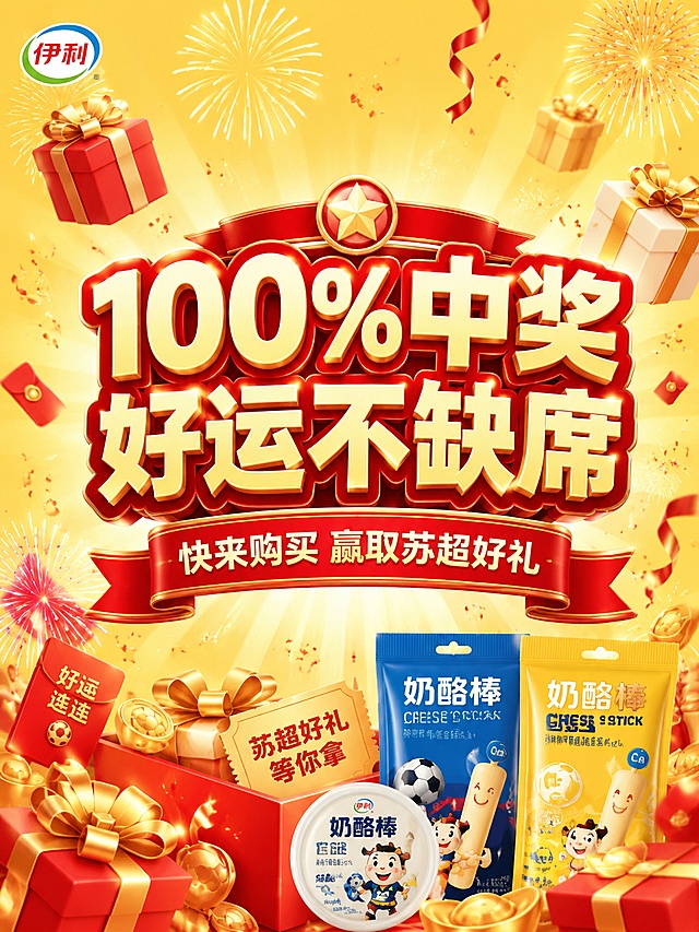 [第4屏] 伊利奶酪棒刮奖活动收尾页，烘托活动氛围促进转化。
[氛围/风格] 喜庆热闹，红金配色，延续整体活动风格，营造好运氛围。
[元素布局] 中间放主标语，周围点缀礼物和烟花装饰，角落放置奶酪产品小图展示，构图饱满不拥挤。
[光影质感] 整体明亮，烟花礼物高光点缀，氛围喜庆，层次清晰。
[配色色系] 全局底色 #F9E076，红金搭配，和前面页面保持统一风格。
[视角构图] 中心构图，主标语在视觉中心，装饰分布四周，阅读动线清晰。
[文字版式] 主标题「100%中奖 好运不缺席」，副标题「快来购买 赢取苏超好礼」，文字醒目喜庆，大小适中适合手机阅读。
[比例分辨率] 3:4 竖版比例，宽度 900，高度 1200，4K 分辨率，文字清晰可辨，高清画质。
[负向提示词] 文字错乱，排版失衡，颜色怪异，水印，违规内容