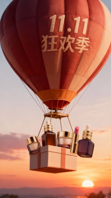 一个带有主体配色的大型热气球，吊篮为礼盒样式，礼盒里放着图中所有物品，气球上绣着“11.11 狂欢季”，背景展示夕阳预览效果
