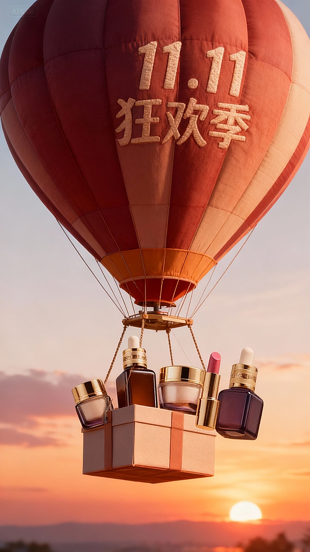 一个带有主体配色的大型热气球，吊篮为礼盒样式，礼盒里放着图中所有物品，气球上绣着“11.11 狂欢季”，背景展示夕阳