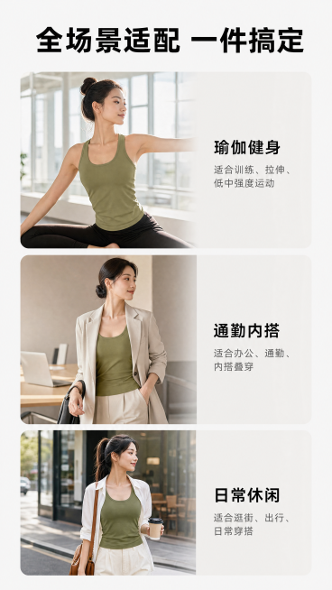 [第6屏] 多场景展示页，展示这款运动背心全场景适配特性。使用拼合布局展示运动、通勤、日常三种场景。
[氛围/风格] 生活化氛围感，真实自然，不同场景光影匹配，整体简约高级。
[主体产品] 使用【图1预览效果