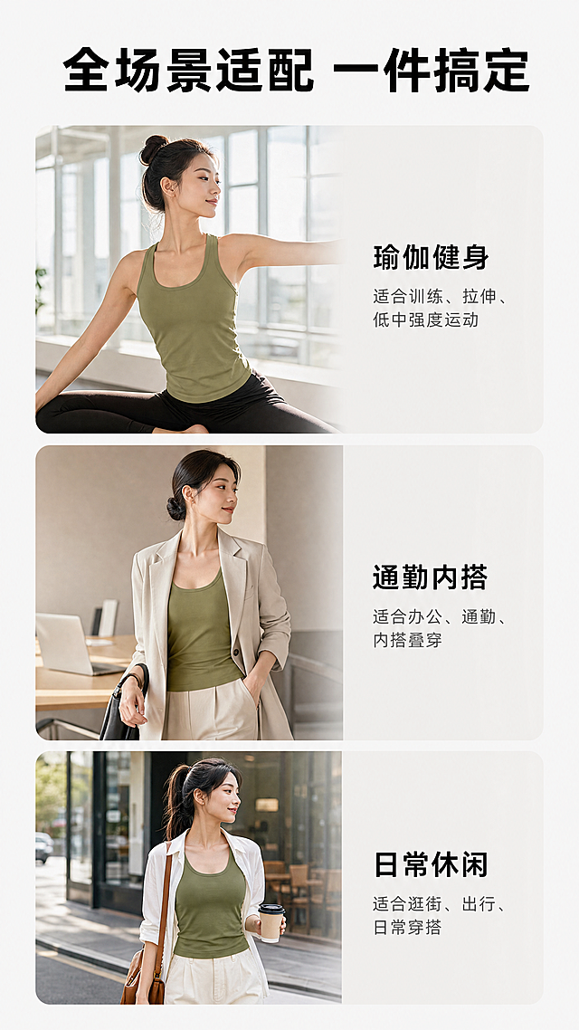 [第6屏] 多场景展示页，展示这款运动背心全场景适配特性。使用拼合布局展示运动、通勤、日常三种场景。
[氛围/风格] 生活化氛围感，真实自然，不同场景光影匹配，整体简约高级。
[主体产品] 使用【图1】绿色背心作为产品主体，在不同场景卡片中保持绿色背心版型颜色一致。
[元素布局] 顶部大标题占据通栏，下方三格纵向排列场景卡片，分别是：瑜伽健身房运动场景、职场通勤西装内搭、日常休闲逛街场景。每个场景配一张场景图，产品保持在模特身上，突出产品适配性。
[光影质感] 每个场景根据环境调整光影，运动场景明亮通透，通勤场景柔和，日常场景自然，整体光影统一和谐。
[配色色系] 全局底色：#f5f5f5，每个场景卡片背景和环境色自然过渡，主体绿色保持一致。
[视角构图] 顶部标题+三格纵向场景卡，每格场景卡上小图下文案，符合移动端竖屏浏览。
[文字版式] 大标题「全场景适配 一件搞定」黑色加粗；每个场景卡片配小标题：「瑜伽健身」「通勤内搭」「日常休闲」，小字补充适用状态，文字清晰不遮挡主体。
[比例分辨率] 9:16竖版，4K分辨率。
[负向提示词] 产品变形，颜色不一致，文字错乱，场景拼接不合理，水印。