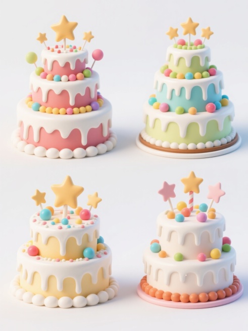 3D风格的生日蛋糕，四个不同外观、样式和配色的三层蛋糕，每个蛋糕都有白色糖霜滴落效果，装饰有星星、彩色糖果球等元素，排列整齐，白色背景。预览效果