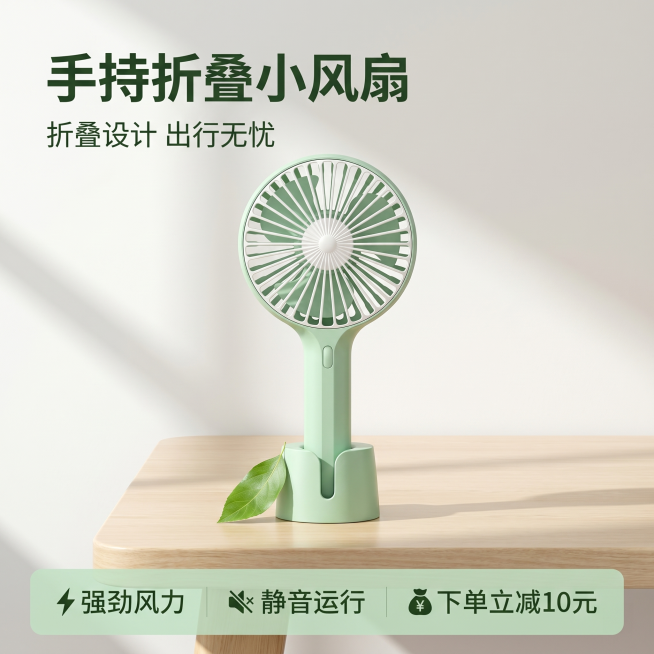[主图 1] 清新夏日便携折叠手持小风扇首图
[氛围风格] 简约清新实用风，明亮干净的居家场景感
[画质] 商业摄影质感、光线柔和通透、产品清晰真实、画面干净高级
[元素] 浅绿色手持小风扇居中放置，预览效果