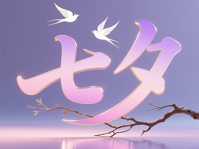 梦幻唯美的3D风格，大字“七夕”鎏金设计，双鸟飞翔，浪漫节日氛围，在天愿作比翼鸟，在地愿为连理枝