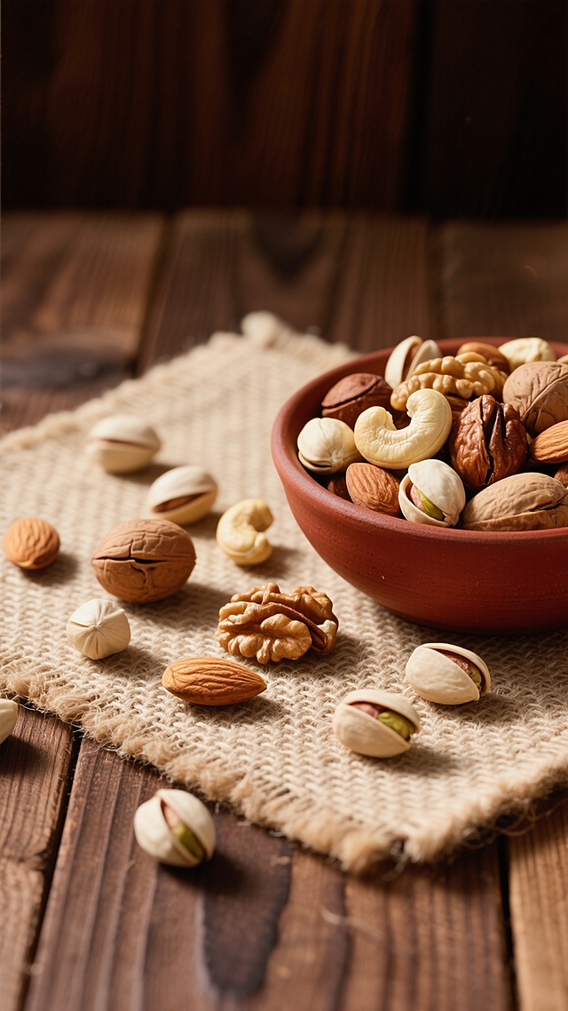 一张高质感的坚果摄影图片，整体呈现温暖自然的写实风格，主色调为深棕色的木质纹理背景、浅米色粗麻布餐垫与坚果本身的浅棕、米白、浅黄等自然色彩和谐统一。柔和的侧上方光源营造出清晰的光影层次，坚果表面有细腻的高光和阴影，展现出不同坚果壳的坚硬质感与细微纹理，麻布的粗糙编织感和木质背景的自然木纹细节丰富。构图采用近景俯拍视角，主体为一个红褐色粗陶碗，碗内及周围散落着多种混合坚果，包括完整的杏仁、腰果、核桃、开心果、碧根果等，坚果以不规则但富有节奏感的方式重新布局，部分坚果从碗中溢出，散落在铺于木质桌面上的麻布餐垫上，形成自然随意又不失美感的视觉效果，整体氛围温馨、质朴，充满原生态的生活气息。