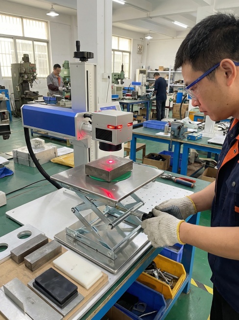 轻工加工车间，一台光纤激光打标机固定在升降台上。当切换不同厚度的打标产品时，操作员通过调节整机高度(285mm行程)来快速重新对焦，避免反复调节激光头。

比例3:4预览效果