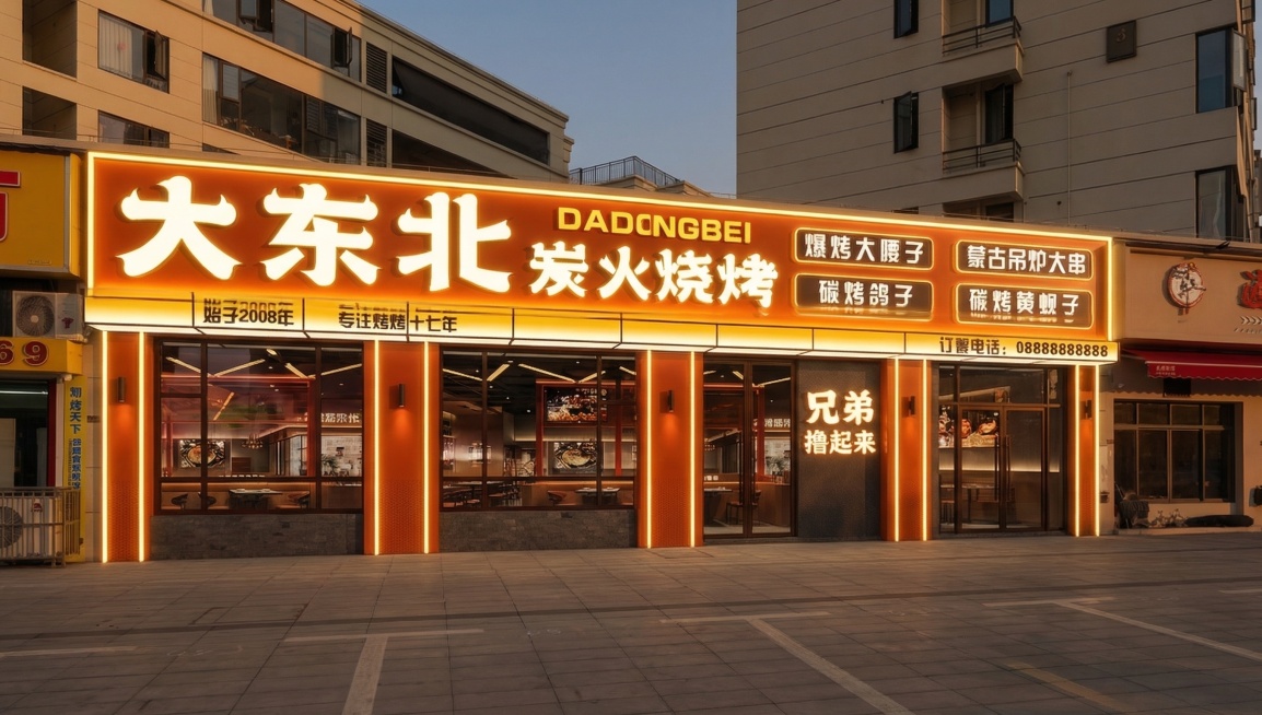 将图1的空白门面改成图2所示的大东北炭火烧烤店招牌效果，风格暖色调发光字，保持和现有建筑结构贴合，去掉门口的蓝色轿车和小货车以及行人，真实自然，和原图环境融合预览效果