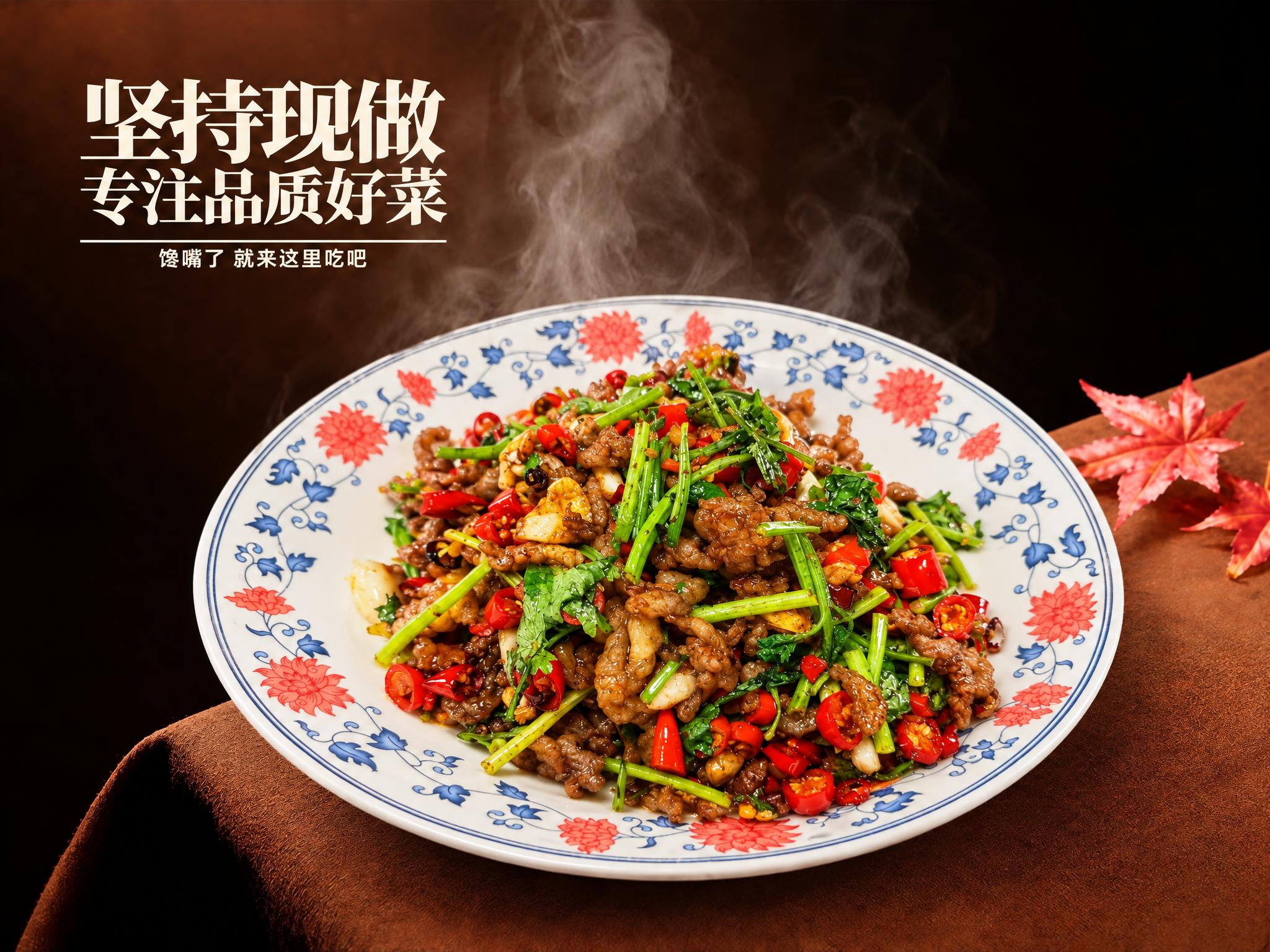 参考第一张图的深棕渐变暗调美食摄影背景、棕色桌布质感、左上角白… - 图片创意预览