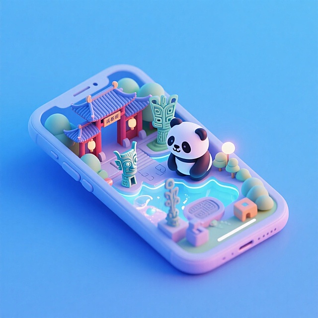 软3D风微缩艺术场景，熊猫与古风建筑在手机屏幕中梦幻呈现，融合科技感与清新色彩，营造可爱卡通的虚拟现实体验。