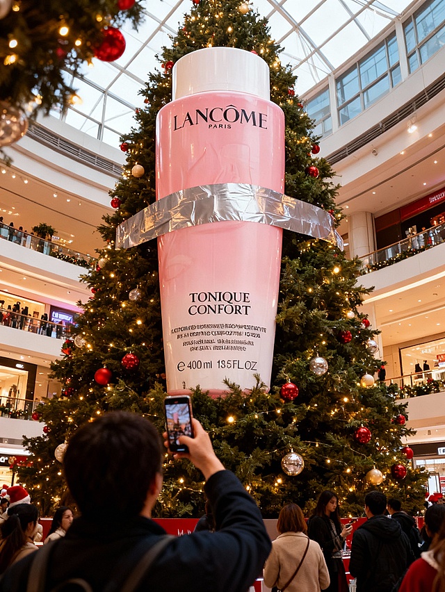 喜庆圣诞树环绕巨型兰蔻粉瓶，重拟物与超级符号结合，塑料质感充气风设计，奢华时尚感十足，节日氛围浓烈。