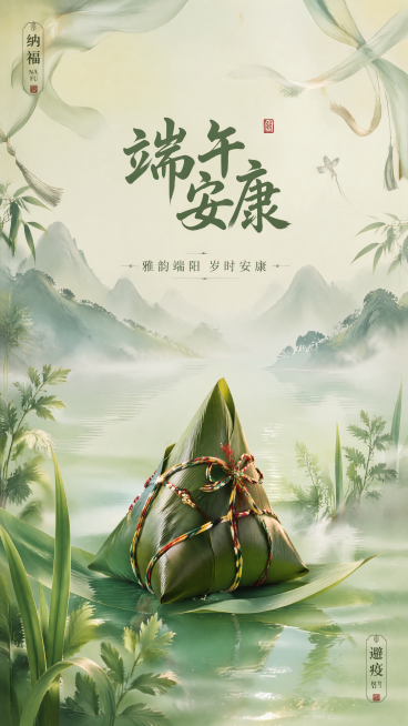 高级新中式端午节日海报，极简国风美学构图，画面层次通透立体，整体氛围清雅庄重、古韵悠长，适配商业视觉输出，高清8K极致细节。画面主体以澄澈青碧的江南湖面为基底，薄雾轻笼水面，泛着细碎粼粼水光，朦胧氛围预览效果