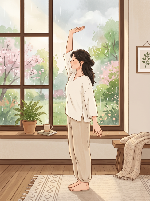 一位年轻女性在窗边做八段锦的“调理脾胃须单举”动作，窗外是春雨绵绵的景色，阳光透过云层洒入房间，温馨淡雅风格，扁平插画预览效果