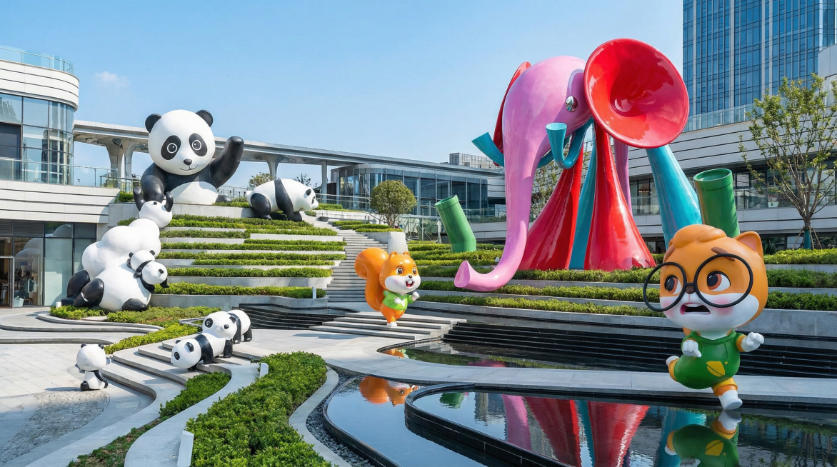 独立站封面，画面中有多个造型可爱的卡通玻璃钢雕塑，包括熊猫、戴眼镜的松鼠、彩色抽象造型等不同风格的玻璃钢雕塑，玻璃钢材质光滑有光泽，布局错落有致，画面大气丰富有设计感，适合作为品牌独立站封面使用预览效果