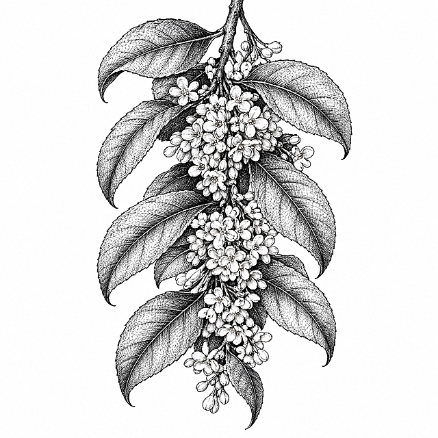 参考图中包装上的黑白铜版画/古典植物雕版线描风格，重新绘制一幅【桂花】的简笔画：竖版构图，一枝桂花自画面上方垂下，宽大的桂叶错落层叠，叶腑间花园团圆簇、繁密盛开，整体呈饱满的竖向构图，花朵与叶脉用细密排线刻画层次，纯白背景，黑白色调，无任何文字