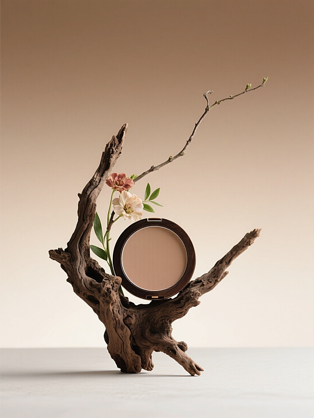 以渐变浅棕色色为背景，用造型古朴的枯木作为主体架构，嵌入修容盘，搭配带花朵、绿叶的弯曲花枝