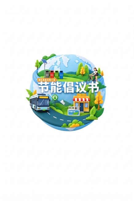 保留已有全部内容，在地球球体上添加文字“节能倡议书”，保持白色透明背景不变，整体风格一致预览效果