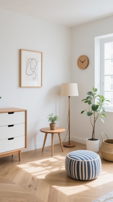 一个温馨简约的家居角落，采用北欧极简风格设计，以原木色木地板和米白色墙壁为基调，阳光透过窗户洒下柔和的光影，形成温暖的光斑。左侧靠墙放置一个原木色框架的白色抽屉柜，柜子上没有物品。墙上挂着一幅带浅色木质相框的简约黑白线条装饰画，画的右侧是一个圆形木质挂钟。中间位置有一盏米色灯罩的落地灯，灯旁是一个小圆木桌，桌上摆放着一盆小型绿植。地面上有一个蓝白条纹的编织坐墩，右侧角落有一盆高大的绿植，放置在……预览效果