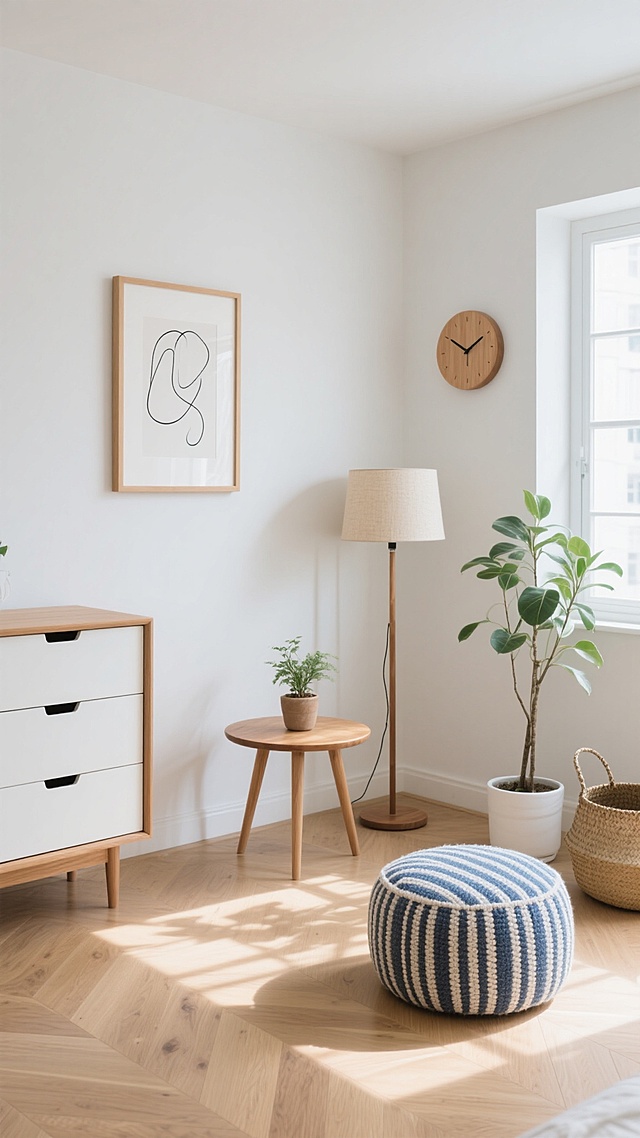 一个温馨简约的家居角落，采用北欧极简风格设计，以原木色木地板和米白色墙壁为基调，阳光透过窗户洒下柔和的光影，形成温暖的光斑。左侧靠墙放置一个原木色框架的白色抽屉柜，柜子上没有物品。墙上挂着一幅带浅色木质相框的简约黑白线条装饰画，画的右侧是一个圆形木质挂钟。中间位置有一盏米色灯罩的落地灯，灯旁是一个小圆木桌，桌上摆放着一盆小型绿植。地面上有一个蓝白条纹的编织坐墩，右侧角落有一盆高大的绿植，放置在白色花盆中，旁边还有一个圆形草编收纳篮。整体色调以原木色、米白色、浅灰色为主，营造出明亮、干净、舒适的居家氛围，空间布局简洁有序，充满自然气息和生活质感。