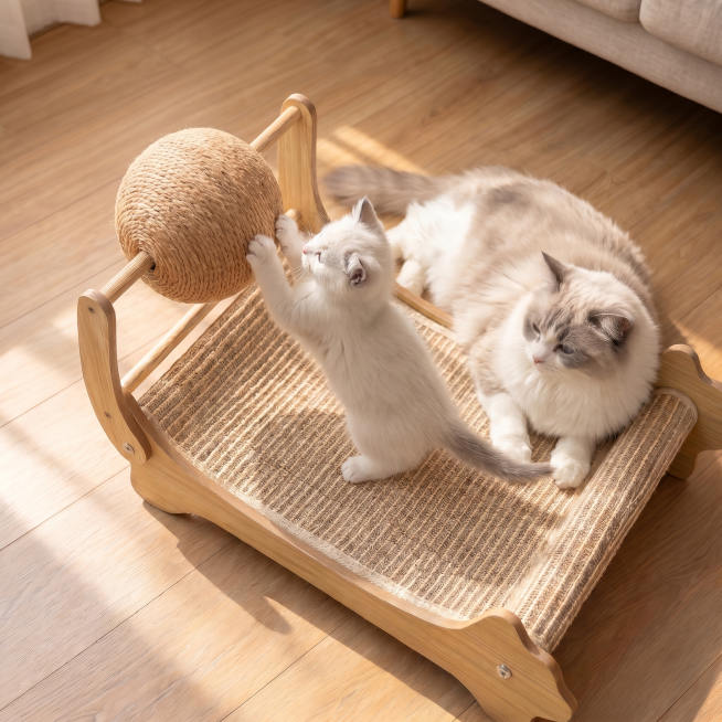 贵妃猫抓床，保持产品实木框架、剑麻抓球、麻绳猫抓垫的颜色材质和原图完全一致，保持俯视从上往下的拍摄视角，调整角度展示猫咪抓挠底部猫抓垫的动作，小猫站立用爪子抓挠猫抓床底部抓垫，大猫趴在一旁，整体更突出预览效果