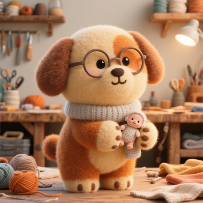 一只温和文艺的狗狗IP形象，身体圆润柔软，毛发呈暖棕色与米黄色渐变，像手工羊毛毡质感，戴着圆框眼镜和浅灰色针织围巾，爪子捧着一个迷你手作宝宝玩偶，背景是摆满手作工具的木质工作台，散落着毛线团和布料，整预览效果
