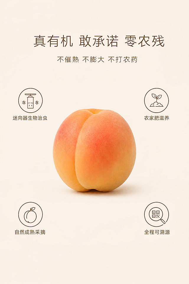 保持原图所有文案排版、构图布局、图标细节、背景色不变，仅修改中心小红杏颜色。将小红杏调整为自然的红橙渐变，向阳面晕染着通透的胭脂橘红色，背阴面自然过渡到温润的蜜杏黄色，色彩过渡柔和不生硬，去掉人工催红的假艳感，呈现自然成熟的色泽。保持整体暖调自然光，柔和柔光，低对比度的风格不变，分辨率8K高清。